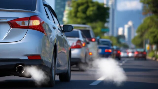 Traffic jam with vehicles emitting exhaust smoke on a congested road, close up, macro perspective of exhaust pipe with smoke, droplets of condensation on metal, cars packed tightly