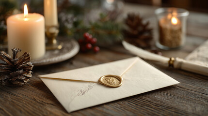 Envelope, wax seal and candle on wooden table for holiday, celebration and greeting. Festive, decoration and cozy atmosphere with pine cones and warmth.