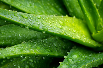 Aloe vera, plant and leaves with water droplets, freshness and nature. Green, succulent and healthy foliage with moisture for natural beauty and wellness.