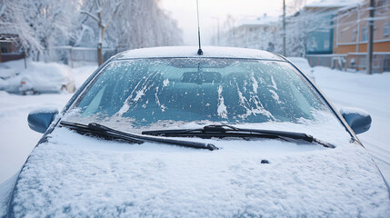 Car, snow and winter with frost on windshield, cold weather and icy conditions. Vehicle, frozen and parked on street with snow-covered landscape and urban environment in background.