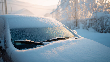 Car, snow and winter with frost on windshield, cold weather and morning light. Vehicle, ice and frozen surface for seasonal change and nature at home.