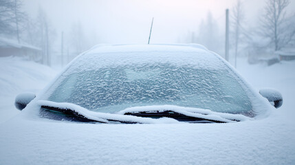 Car, snow and winter weather with frost on windshield, cold conditions and icy landscape. Vehicle, frozen and outdoor scene with snowflakes and visibility issues.