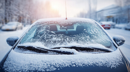 Car, snow and winter with frost on windshield, cold weather and vehicle parked on street. Ice, frozen and morning light for seasonal atmosphere.