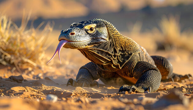 Komodo dragon lizard with tongue flicking on sandy desert ground.