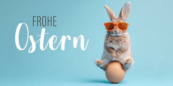 Frohe Ostern Konzept, Ferien Feiertag Gru&szlig;karte, Karte mit deutschem Text - Lustiger Osterhase Feldhase Hase mit Sonnenbrille und Ei, Osterei, isoliert auf blauem Hintergrund