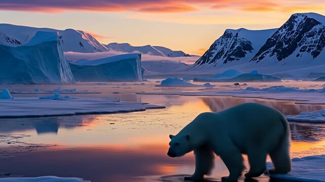 Majestic polar bear walking along icy shoreline at sunset, with vibrant colors reflecting in water