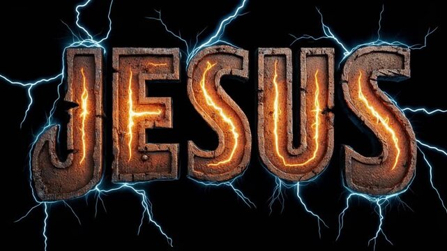 The text "Jesus" in the style of rust on metal against a background of dark sky and lightning.