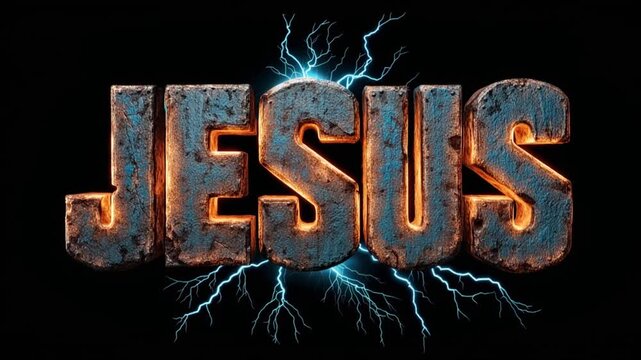 The text "Jesus" in the style of rust on metal against a background of dark sky and lightning.