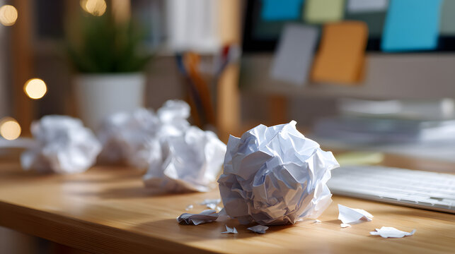 Crumpled paper balls on a wooden desk in a blurred office background, representing writer's block, creativity, brainstorming, and failed ideas in a workspace.