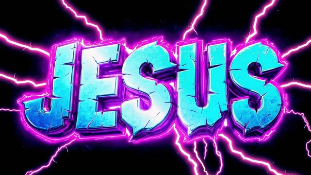Purple and blue comic strip Text "Jesus" on a background of dark sky and lightning. A Christian modern concept.