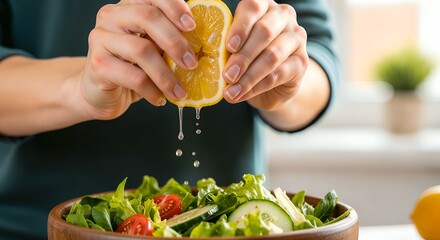 Hands squeezing fresh lemon juice over a bowl of salad.