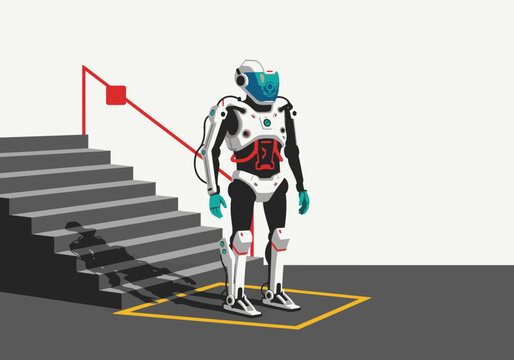 A futuristic digital twin exoskeleton robot ascends stairs, showcasing a digital model overlay. Modern, tech-focused, and visually striking.