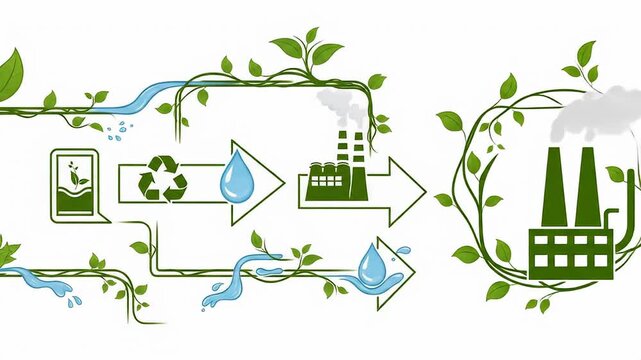 Eco-friendly infographic illustrating water recycling process with nature elements and pollution