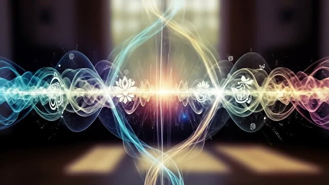 Abstract representation of energy waves with lotus flowers and symbols, creating a serene atmosphere