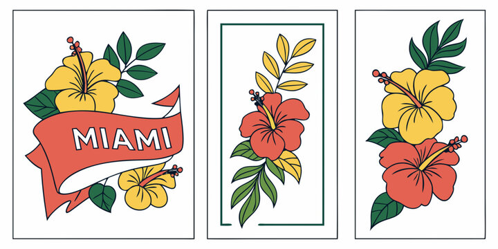 Set of cards Hibiscus floral border Miami SVG banner, card, flyer
