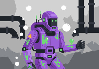 Naklejka premium A purple exoskeletal robot navigates a toxic wasteland, showcasing a dystopian disaster scene. Bold colors and detailed textures create a striking, futuristic image.