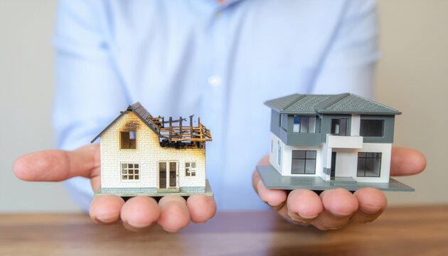 A comparison of a damaged house model and a modern house model held in hands, symbolizing restoration and progress.