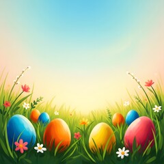 Easter monday celebration with colorful eggs in blooming grass