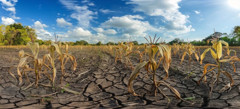 The field shows rows of dried corn plants standing on cracked earth in the Amazon rainforest. This scene captures the impact of climate changes on agriculture. The sky above is bright 