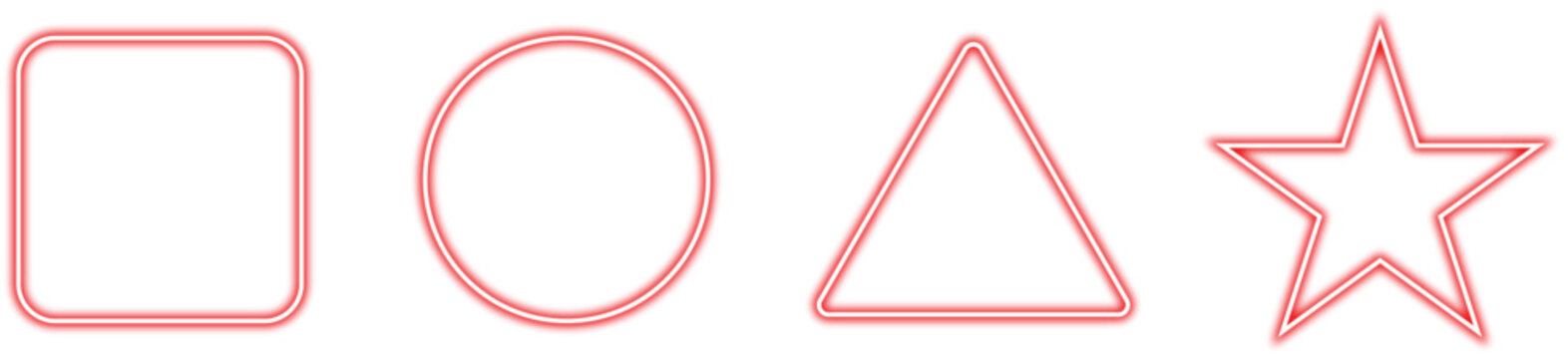 Red neon geometric frames set including square circle triangle and star shapes with glowing light effect on white background vector illustration