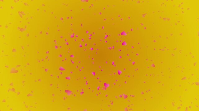 Pink heart shapes being lit up and falling down on gold gradient background. Abstract background for Happy Valentine's day and wedding ceremony.