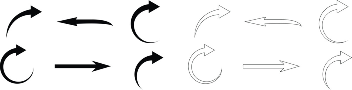Black and outline arrow set with various curved and straight shapes isolated on transparent background for graphic design vector illustrations