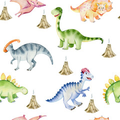 Watercolor seamless pattern with cute dinosaurs. Hand drawn illustration © Tapilipa