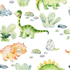 Watercolor seamless pattern with cute dinosaurs. © Tapilipa