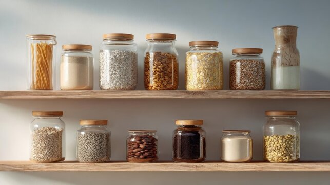 Wooden shelf with multiple glass jars with wooden lids. on the left side of the shelf, there are six glass jars filled with different types of grains and seeds.