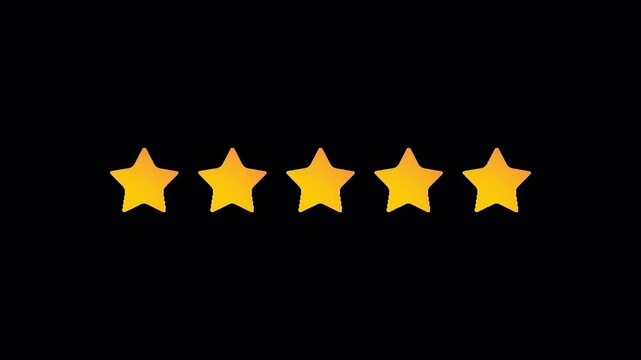 Animated 5 star rating increasing from one to five stars. Clean modern feedback UI animation isolated on transparent background with alpha channel. Perfect for reviews, apps, business and marketing