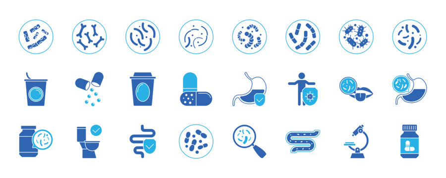 Lactobacilli icons set. Maintaining good digestive health with probiotics, enhancing immunity, and preventing infections with healthy food and medicine. eps 10