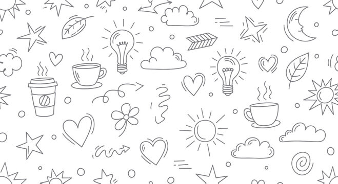 Hand-drawn doodle pattern with various elements like coffee cups, light bulbs, and stars.