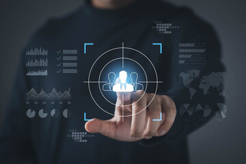 Naklejka premium Business target selection with digital human resources on virtual interface, data analytics, strategy dashboard, performance metrics, representing recruitment, talent management, corporate decision.