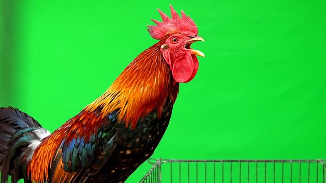 Rooster standing in front cage.