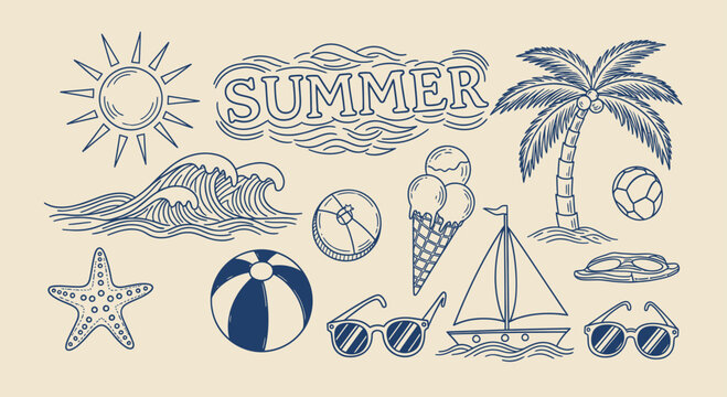 Hand-drawn summer vacation elements collection with beach and travel items.