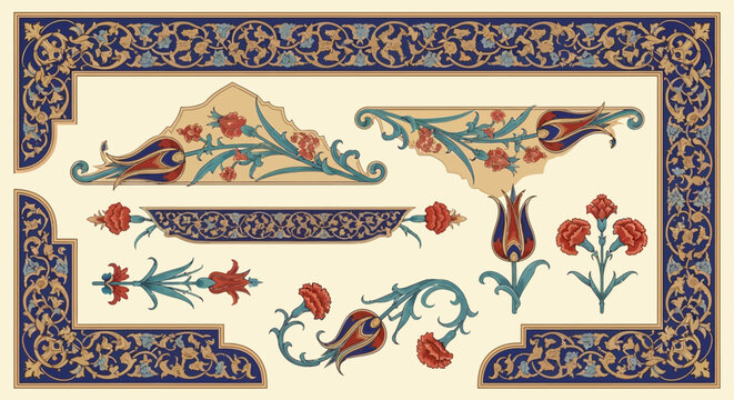 Ottoman Tezhip Illumination Borders and Turkish Floral Vector Ornaments