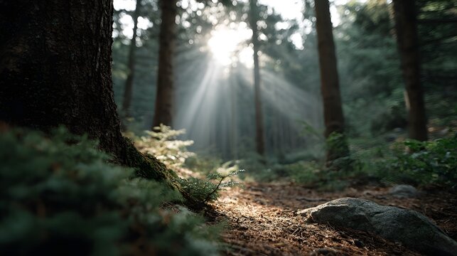 Sunbeams pierce through the dense canopy of a serene forest illuminating a natural path on the forest floor