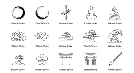 Collection of Zen Symbols and Icons in Line Art Style.