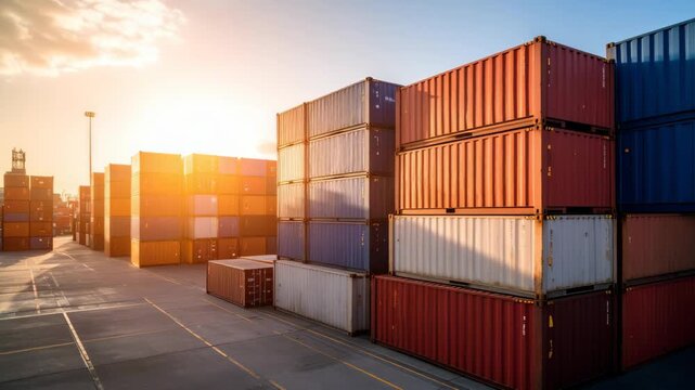 Stacked shipping containers at a port during golden hour with warm sunrays and clouds