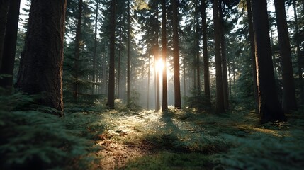 Obraz premium Sunlight filtering through tall trees in a serene forest clearing with mossy ground