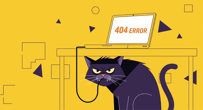 A cartoon black cat peers out from behind a desk with a 404 error sign on the screen in a bright yellow office environment