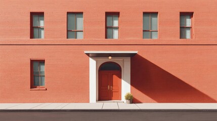 Fototapeta premium Red brick building with six windows on the top floor. the building has a large arched doorway with a small potted plant on the right side.