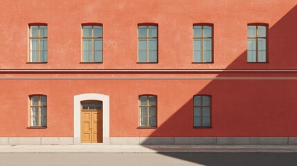 Fototapeta premium Red building with six windows and a wooden door. the building appears to be a two-story structure with a flat roof and a small balcony on the second floor.