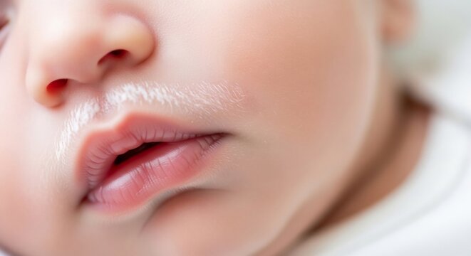 close up of a newborn baby's mouth and nose with milk