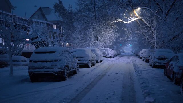 Beautiful fluffy snow blanketed the street of New York in winter. Snowstorm covered the city at night.