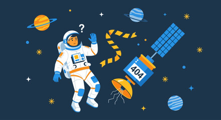 Astronaut floating in space with satellite nearby, viewed from a distant perspective in the cosmos. © Fendi