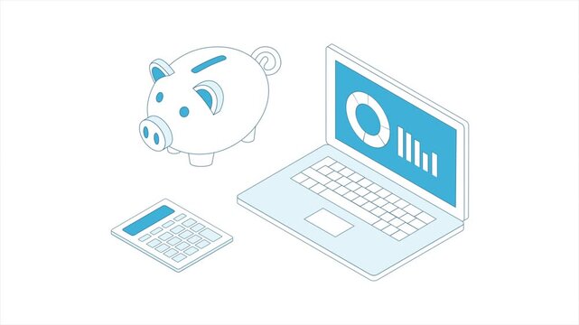 Outline isometric footage of laptop displaying financial data visualization surrounded by calculator and money box. Business growth chart.