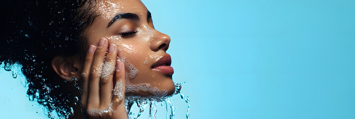 A woman rejuvenating her skin by splashing cool water on her face - a simple act of daily cleansing wide banner - blue background