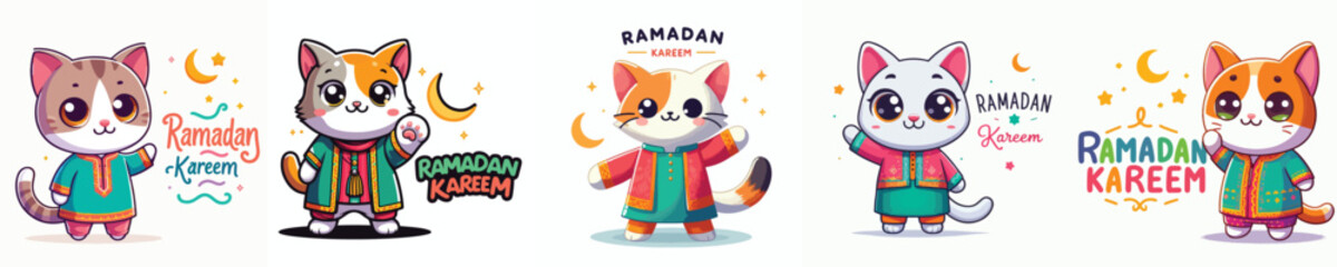 cute cat character vector saying ramadan kareem