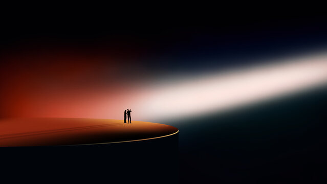 Minimal artwork two silhouettes standing on circular platform under dramatic light beam. Concept of leadership vision, strategic direction, corporate spotlight moment and business decision making.